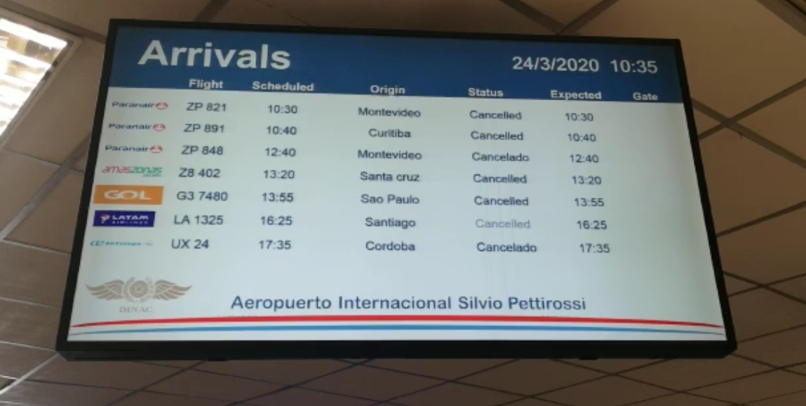 Una pantalla muestra la cantidad de vuelos cancelados. Foto: DINAC