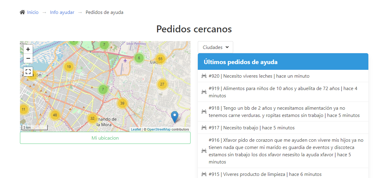 Captura de pantalla de web de ayuda con mapa de Google y mensajes de personas que necesitan ayuda