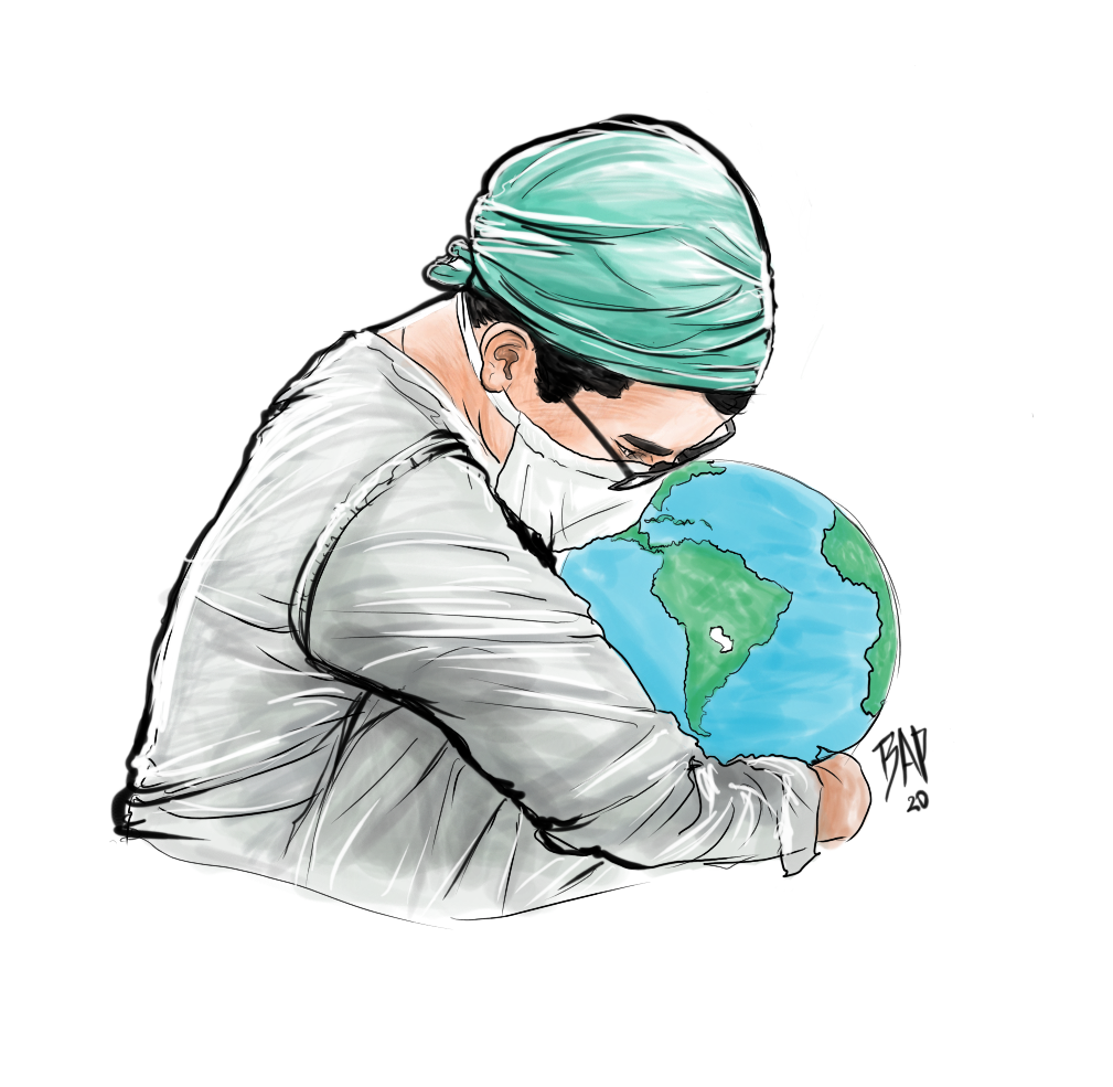 Ilustración de médico abrazando al mundo