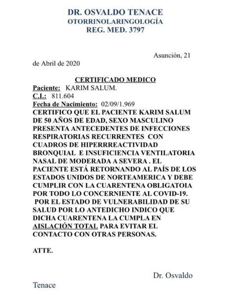Certificado médico presentado por Karim Salum | Imagen: Gentileza