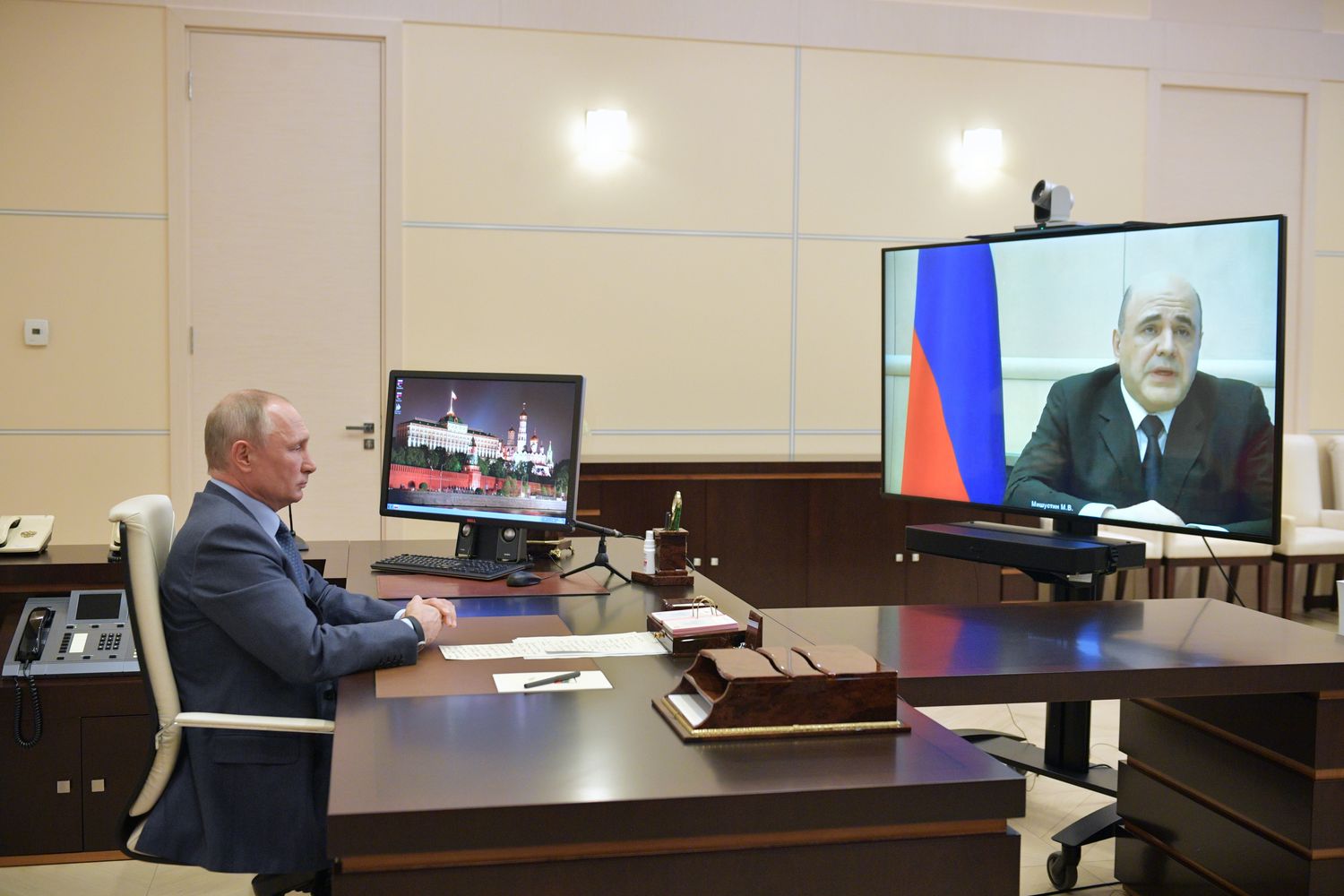 Mishustin informó a Putin de su enfermedad por videollamada. Foto: Alexei Druzhinin/AP