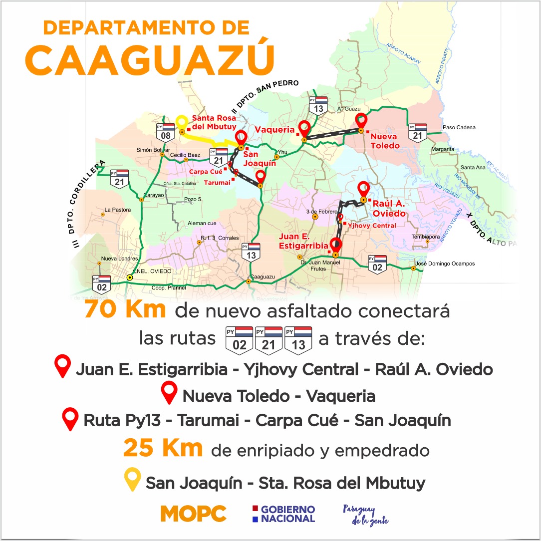 Afiche con mapa del departamento de Caaguazú, con las nuevas rutas señaladas.