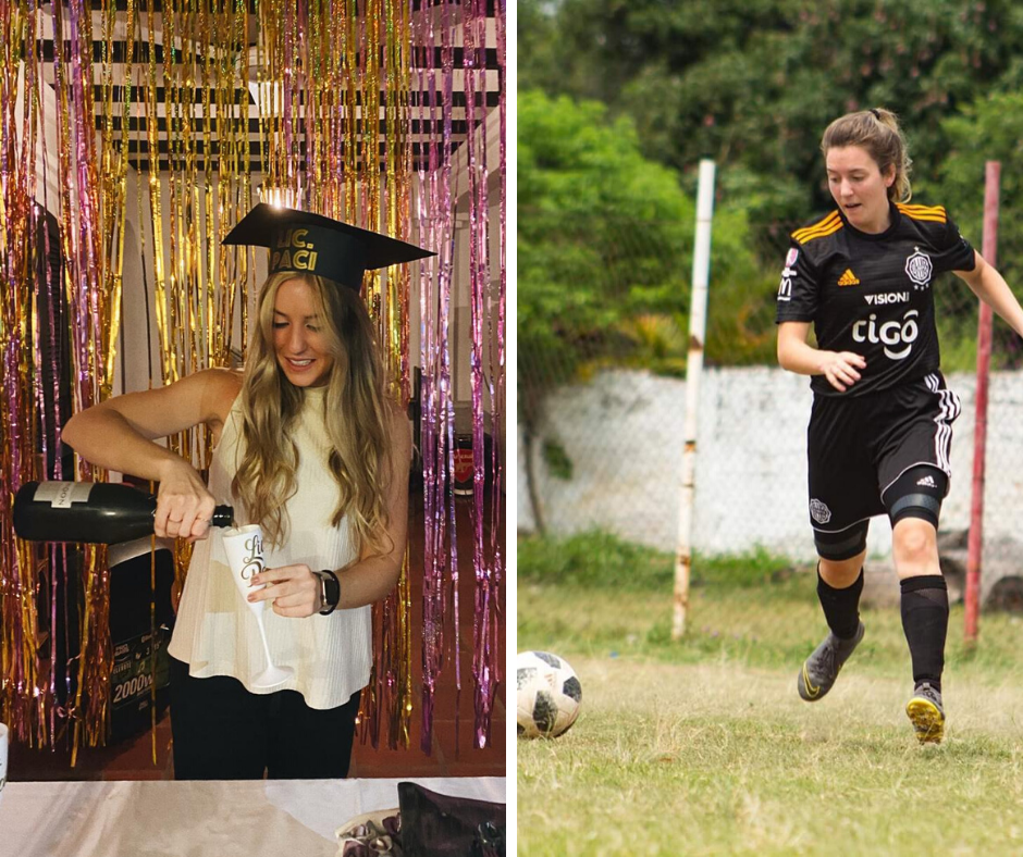 Collage de Maria Paz Vera jugando fútbol y en su graduación