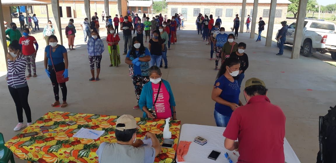 Beneficiarios de Tekoporã recibiendo sus pagos correspondientes, cumpliendo con las medidas sanitarias y de distanciamiento.