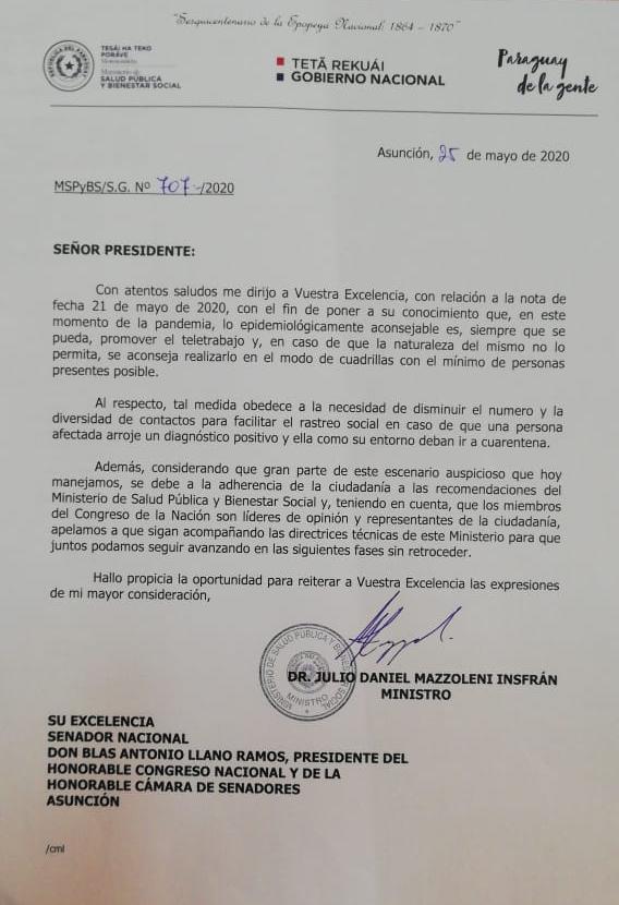 Nota de respuesta del ministro de Salud, Julio Mazzoleni, al titular del Congreso, Blas Llano.