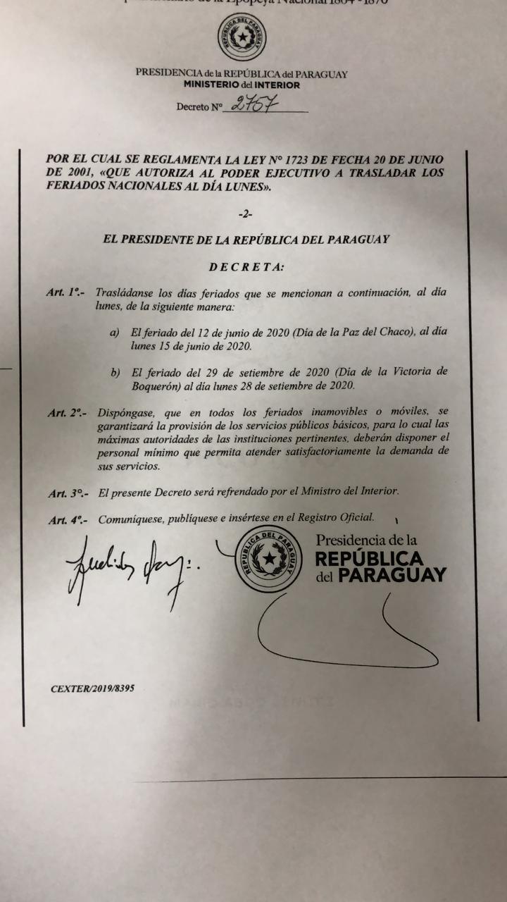 Decreto firmado por el presidente Mario Abdo