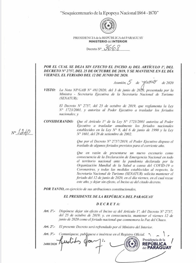 Decreto 3668 que dejó sin efecto el traslado del feriado de la Paz del Chaco.