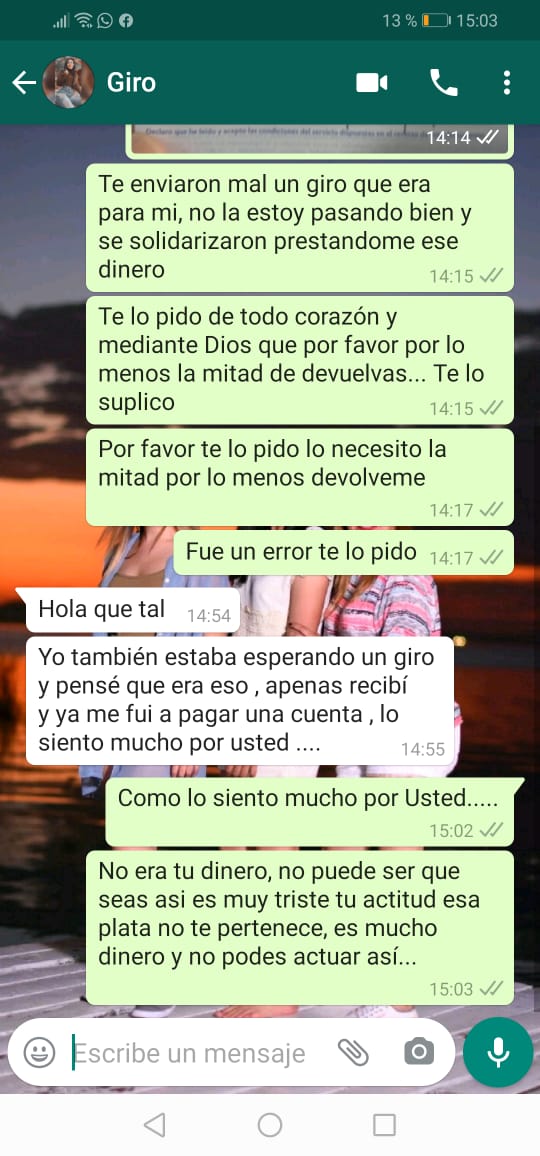 Captura de pantalla de la conversación con la mujer que se habría apropiado del dinero.