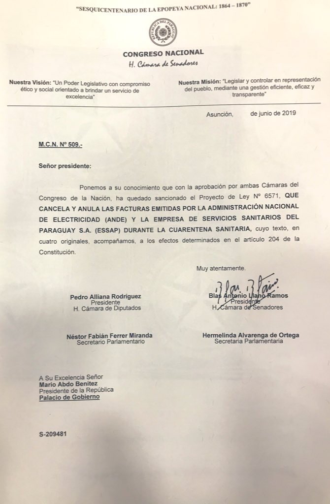 Documento de sanción de la ley.