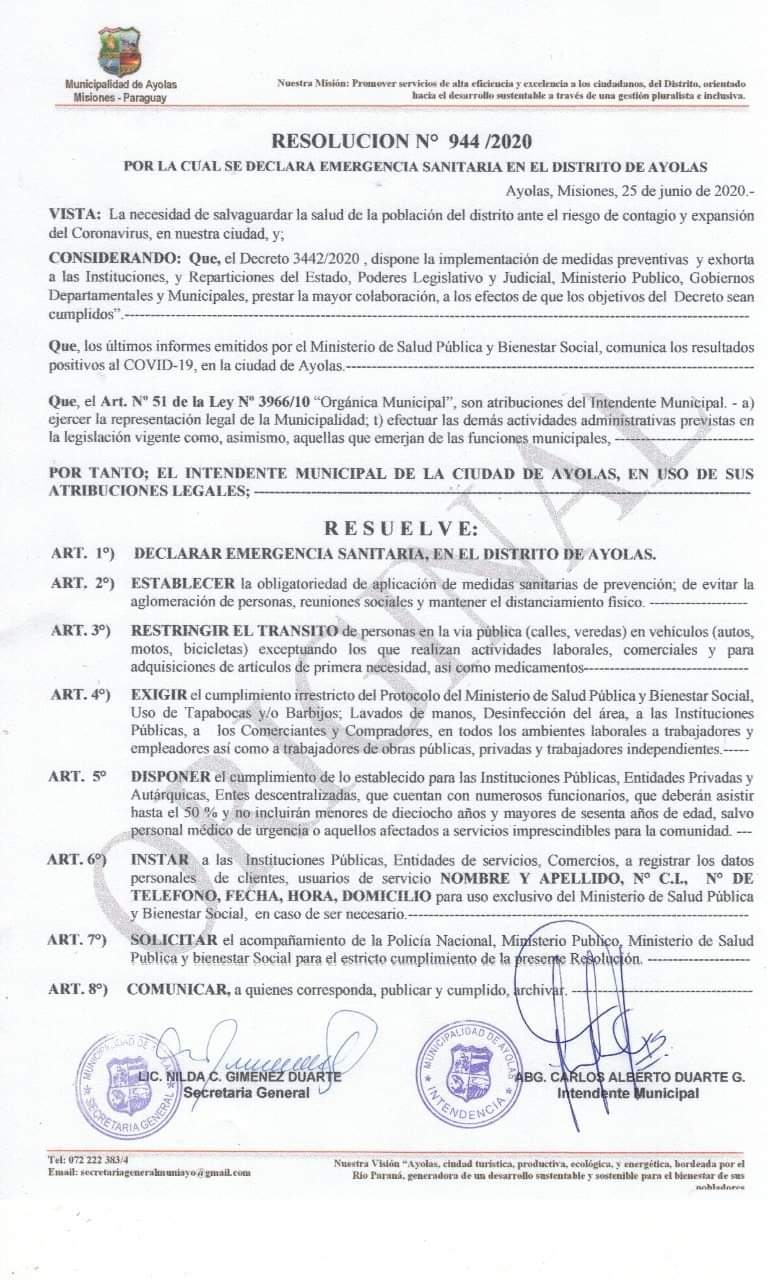 Resolución 944/2020 que establece la emergencia sanitaria en Ayolas.