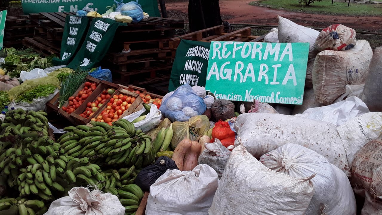 Alimentos entregados por los campesinos, con carteles de la FNC y la reforma agraria.