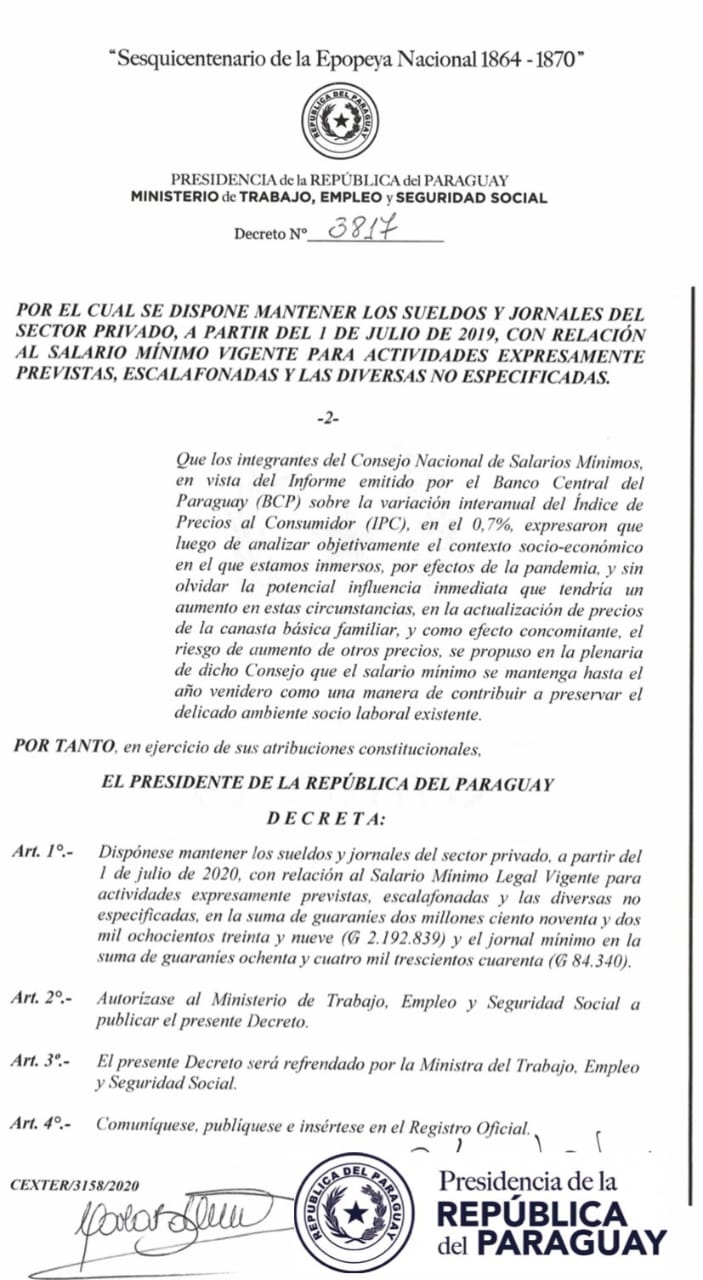 Decreto por el cual el presidente Mario Abdo decreta el congelamiento del salario mínimo actual hasta el año siguiente.