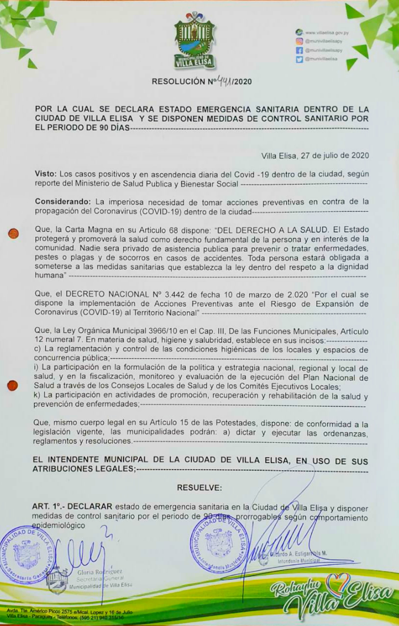 Resolución de la Municipalidad de Villa Elisa.