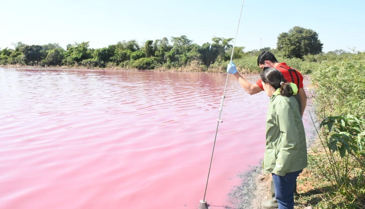 Especialistas inspeccionando la Laguna que se ve teñida de un color rojo tirando al rosado