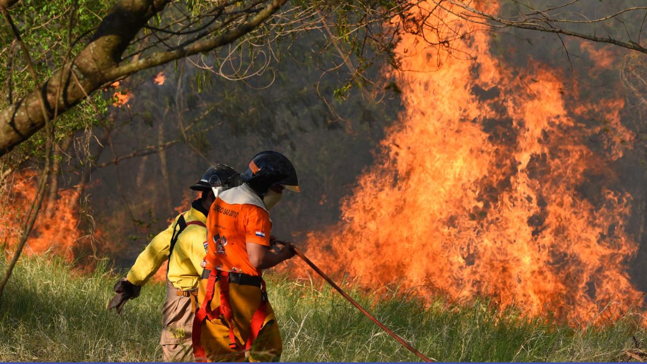 Foto archivo de bomberos luchando contra las llamas en los bosques del Chaco Paraguayo.