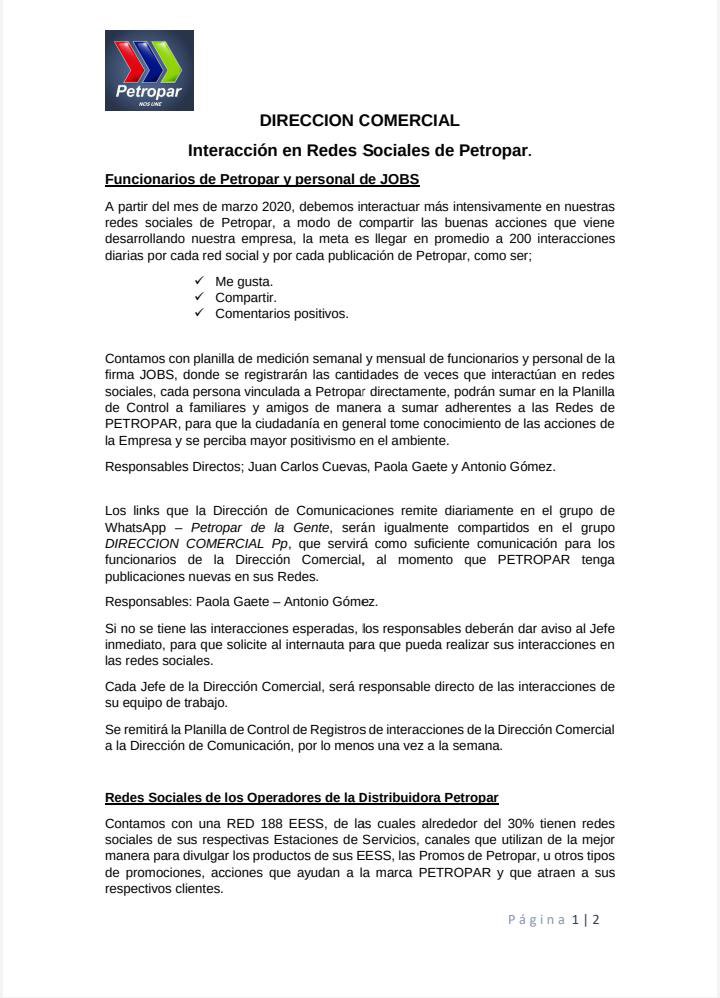 Este es el supuesto comunicado interno de Petropar emitido en marzo pasado.