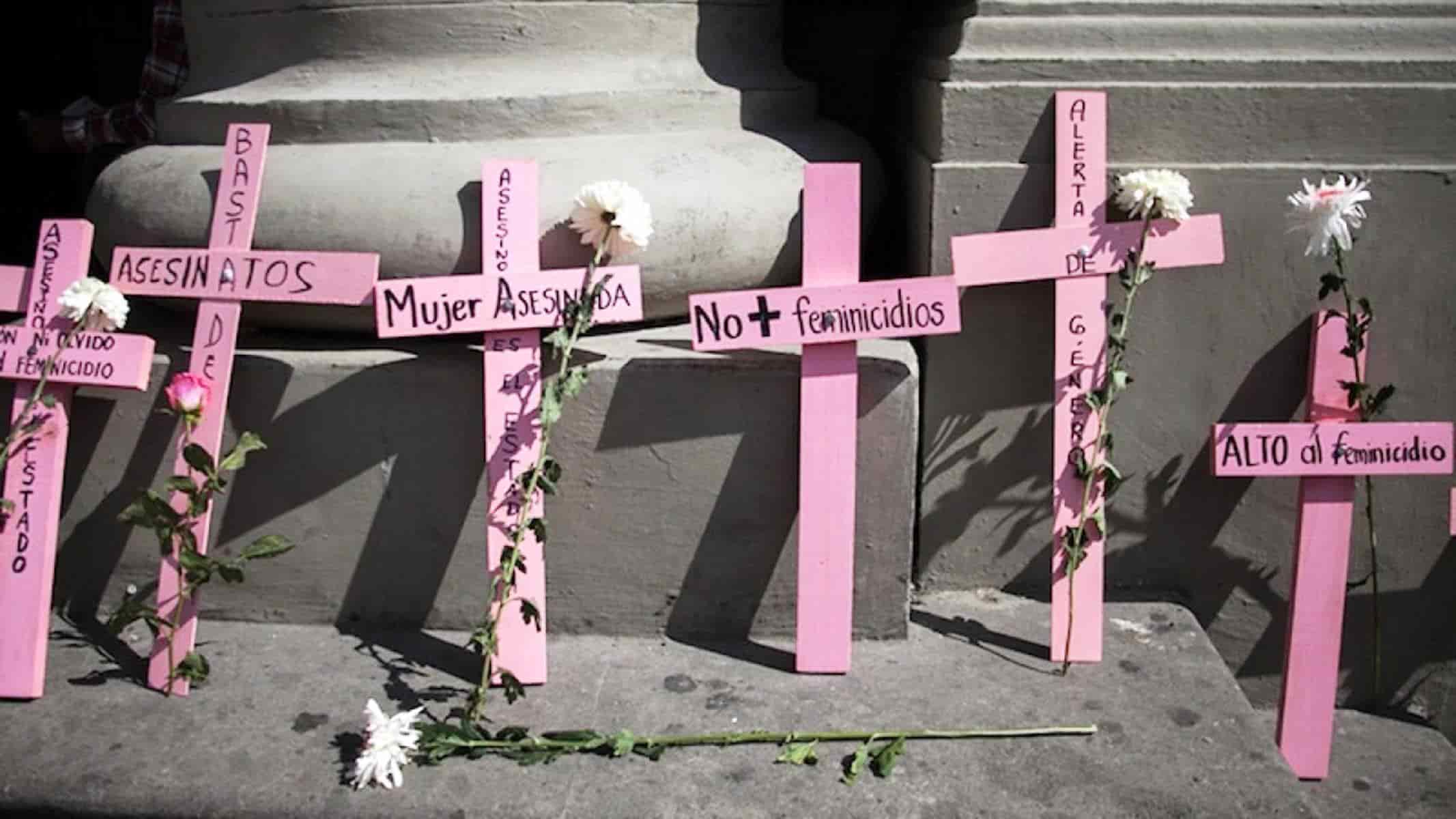 Representación de feminicidios con cruces de color rosa, representando muertes de mujeres.