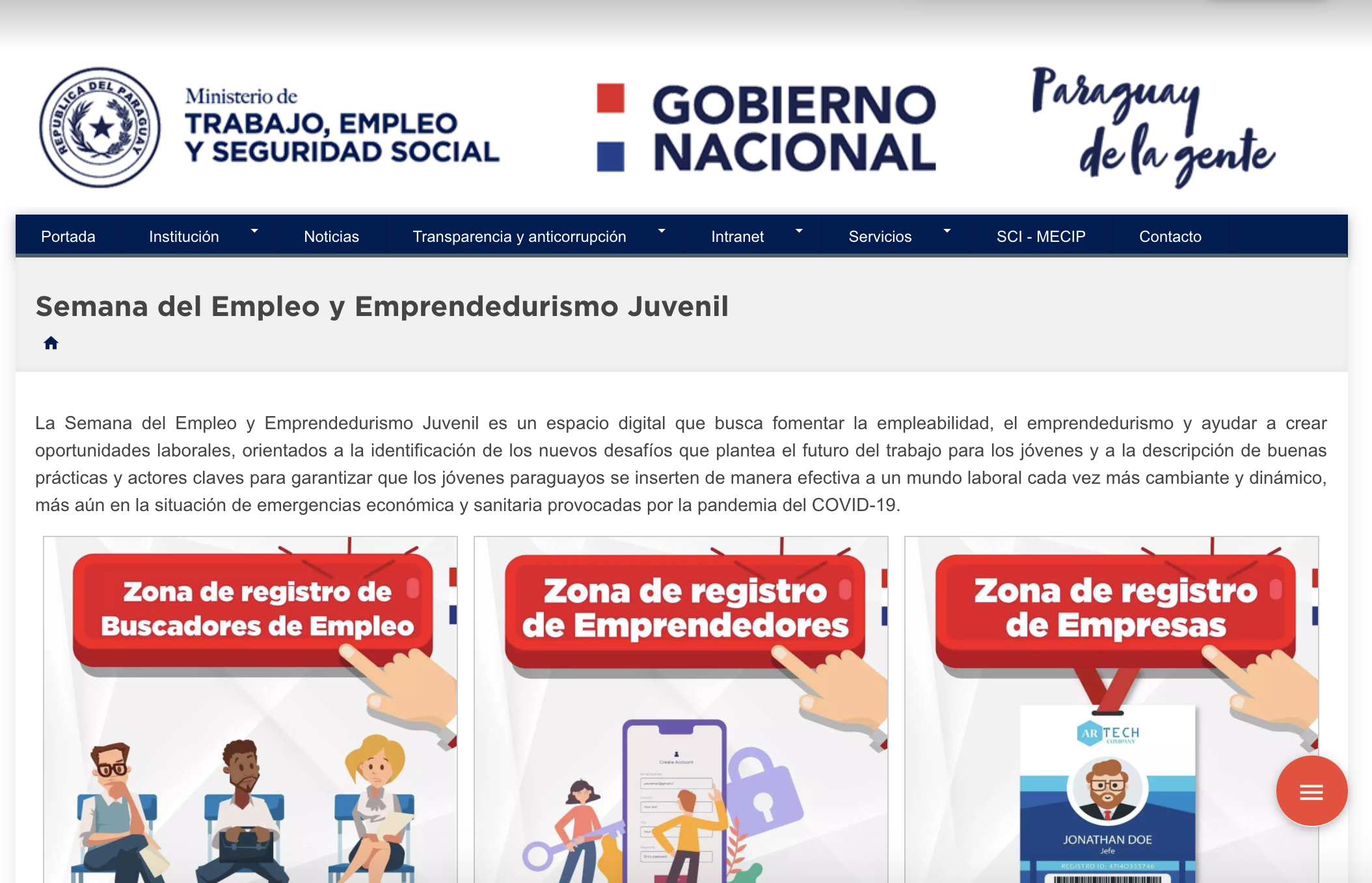 Web del Ministerio de Trabajo, página de la semana del empleo y emprendedurismo juvenil.