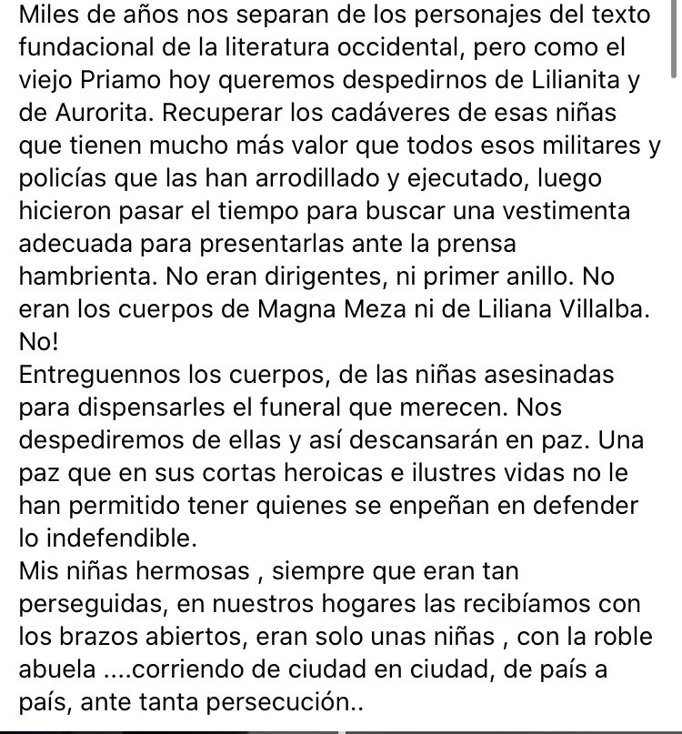 Captura de pantalla de posteo en facebook de la hermana de Alcides Oviedo, miembro del EPP.