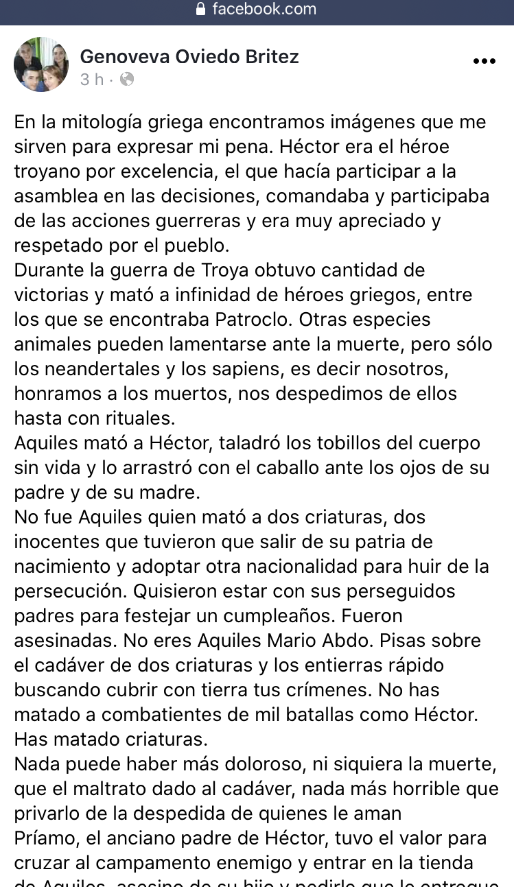 Captura de pantalla de posteo en facebook de la hermana de Alcides Oviedo, miembro del EPP.