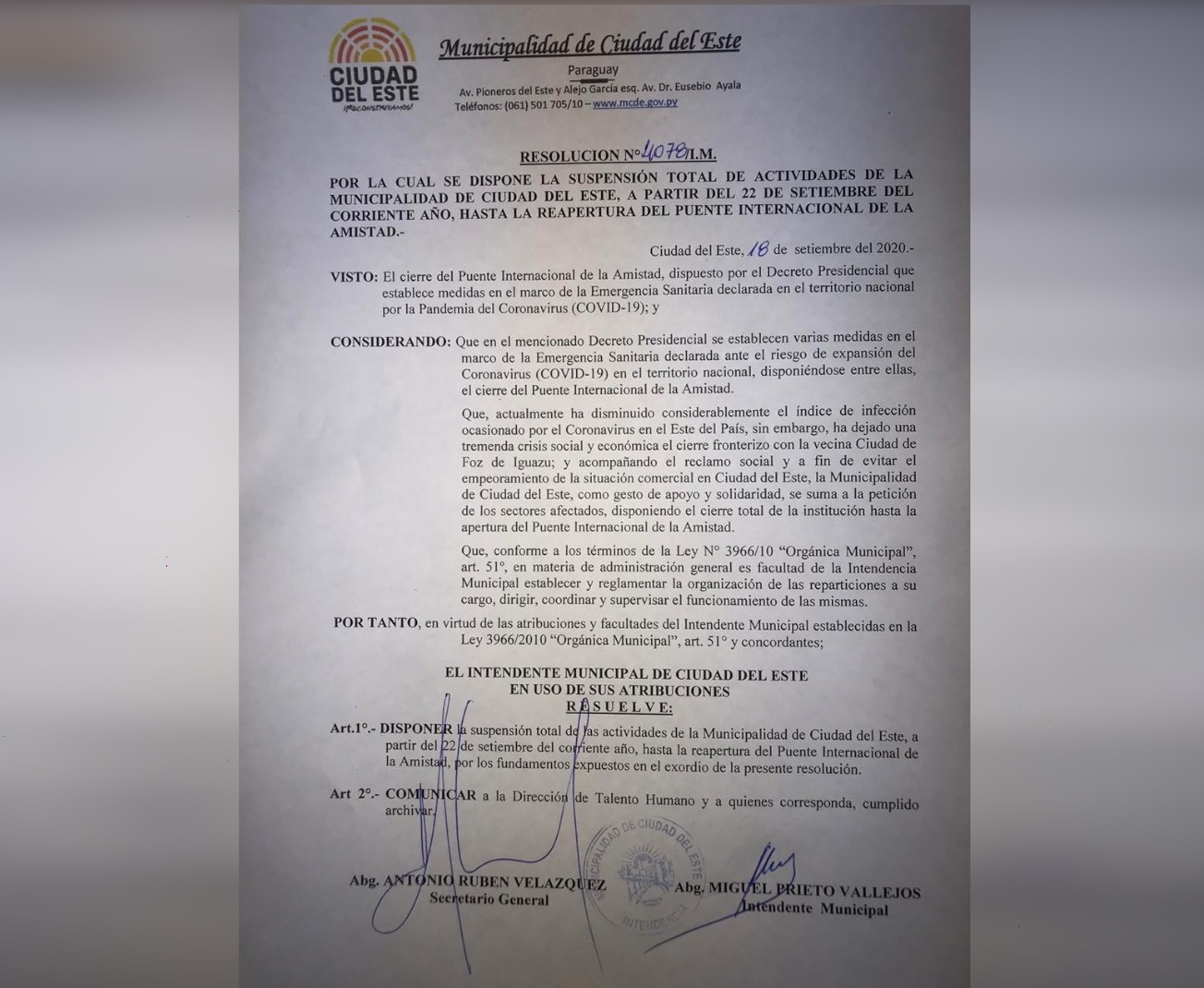 Resolución municipal de suspensión indefinida de actividades en la Comuna de CDE.