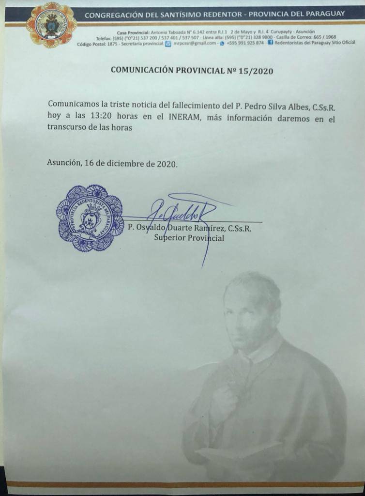 La Congregación del Santísimo Redentor confirmó el fallecimiento del sacerdote Pedro Silva Albes