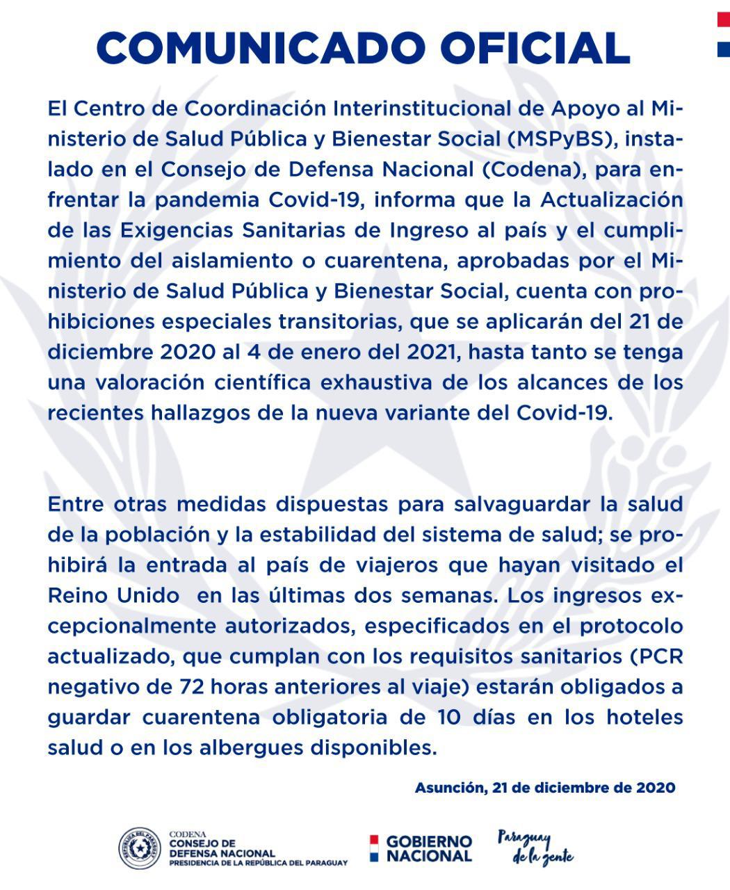 Paraguay prohíbe el ingreso al país de personas que hayan visitado el Reino Unido.
