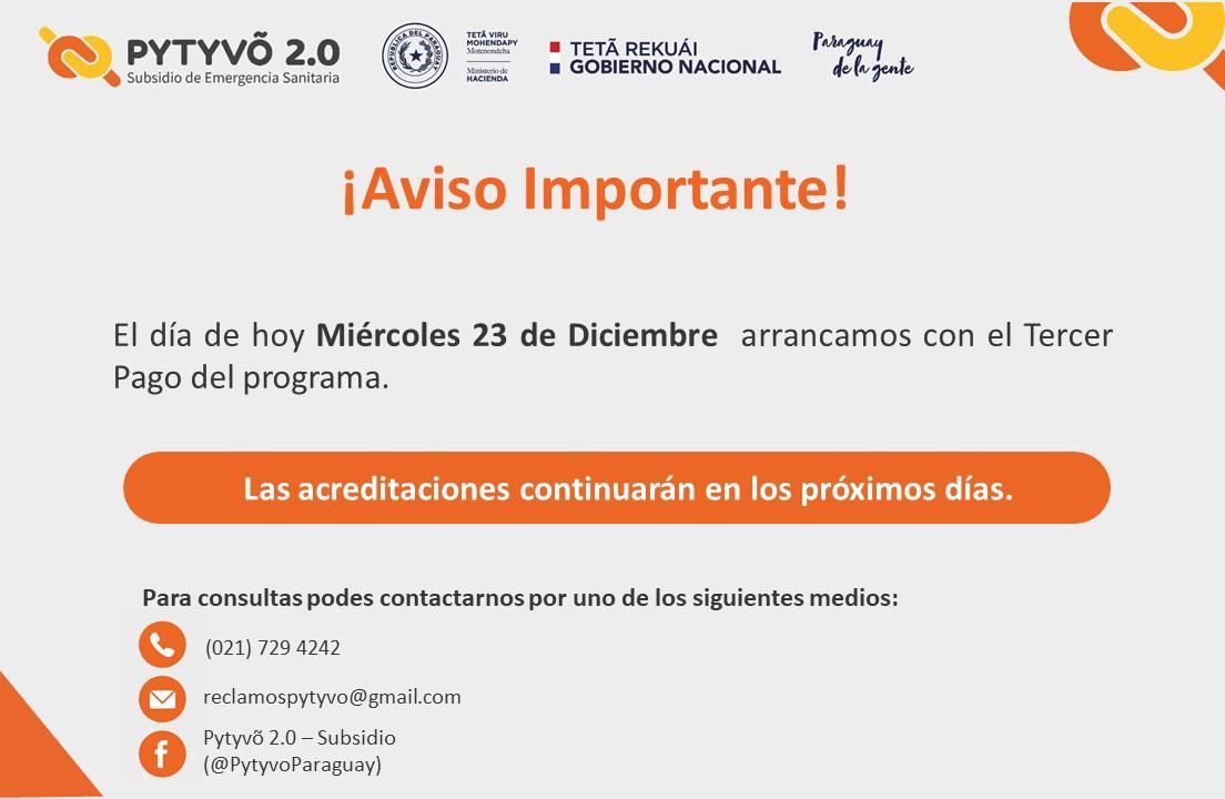 Inicia tercer pago de Pytyvõ 2.0