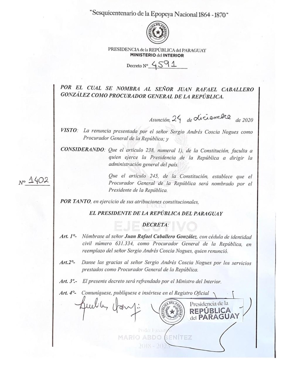 Por Decreto N° 4591, el Poder Ejecutivo nombra a Juan Rafael Caballero González como nuevo Procurador General de la República. Foto: Presidencia.