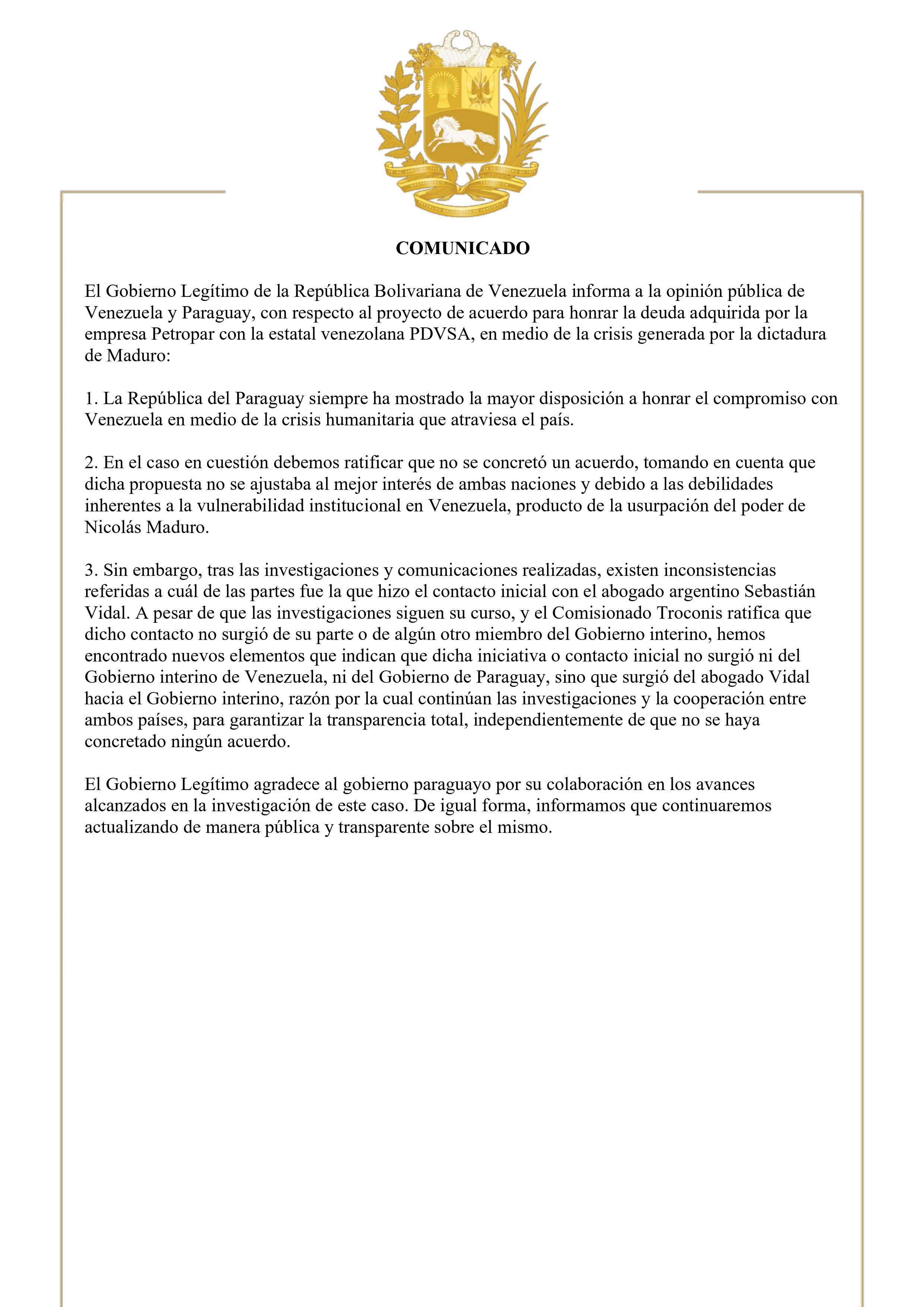 Comunicado del Gobierno Legítimo de la República Bolivariana de Venezuela.