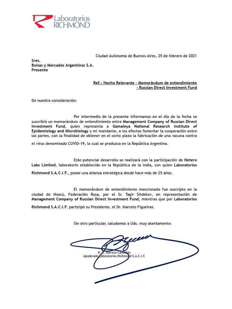 El laboratorio argentino firmó un acuerdo preliminar con el Fondo Ruso de Inversión Directa