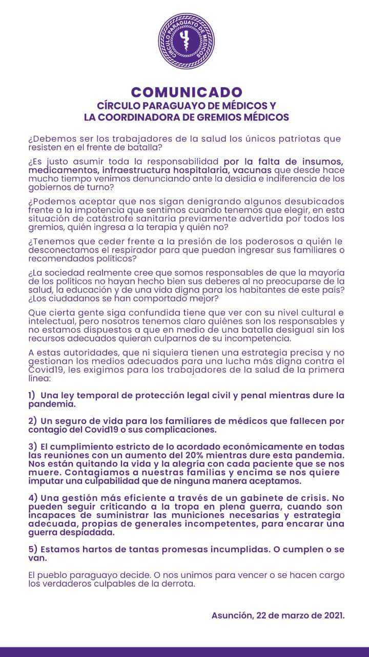 Círculo de Médicos advierte al Gobierno: “o cumplen, o se van”