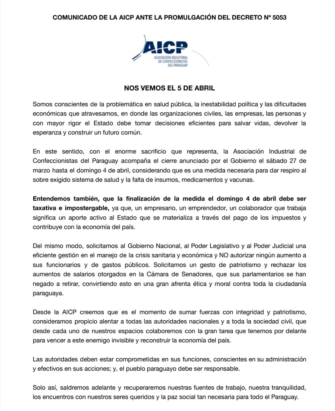 Comunicado de la Asociación Industrial de Confeccionistas del Paraguay (AICP)