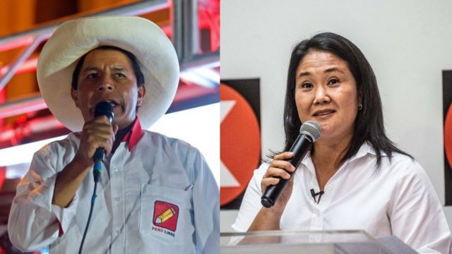 Pedro Castillo y Keiko Fujimori, contendientes a la presidencia de Perú.