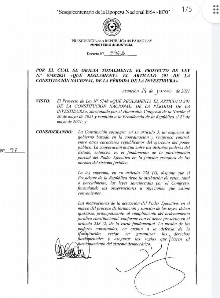 Tras el veto del mandatario, el proyecto de ley de autoblindaje retorna al Congreso.