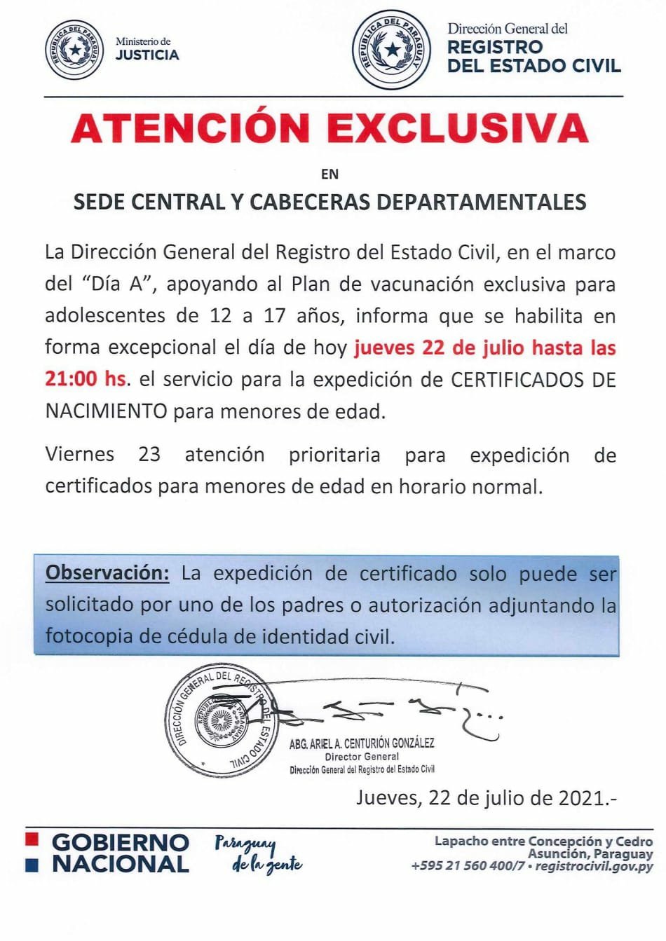 Registro Civil atenderá hasta 21:00 para gestionar certificado de nacimiento