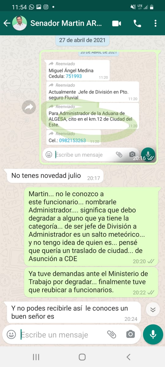 Screens de conversaciones entre Julio Fernández y Martín Arévalo. Foto: gentileza.