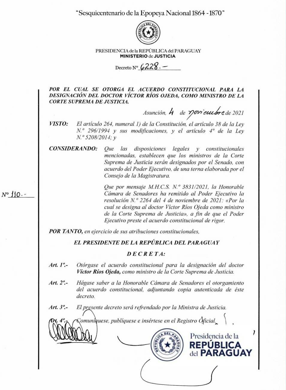 acuerdo constitucional para designación de Ríos en la Corte