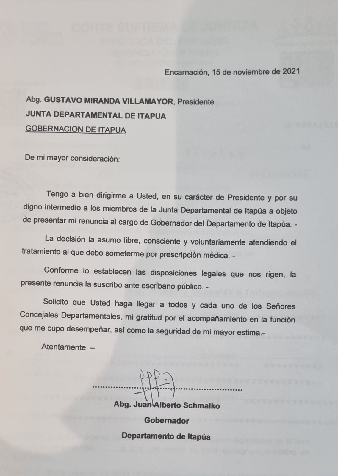 Renuncia de Juan Schmalko como gobernador de Itapúa.
