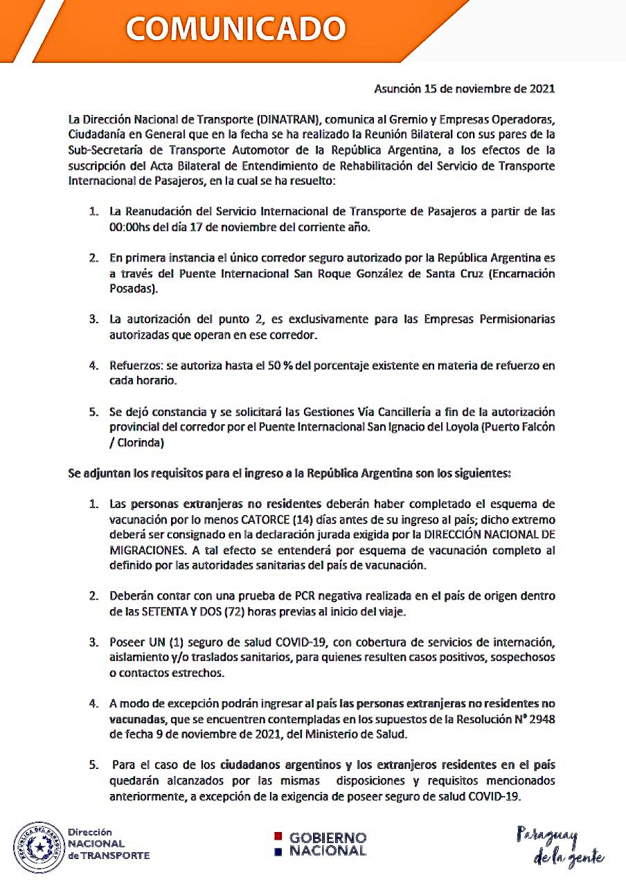 Viajes en bus a Argentina se reanudan este miércoles, anuncia Dinatran