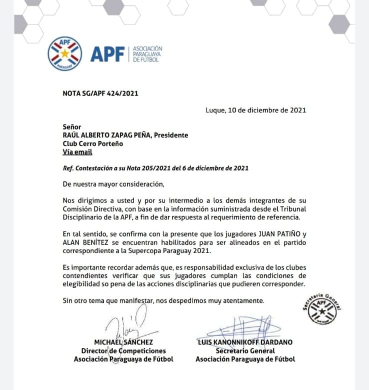 Respuesta de la APF a Cerro Porteño.