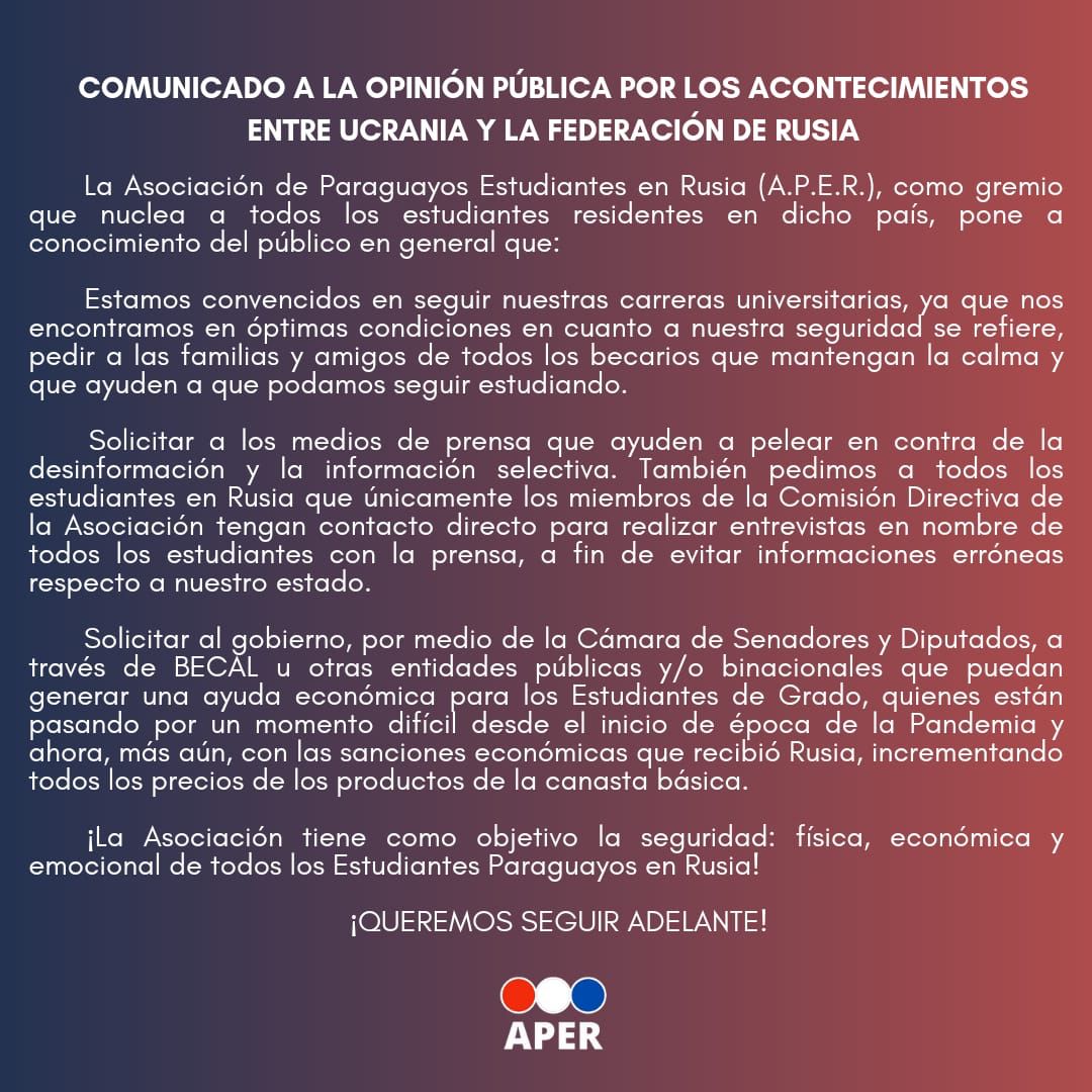 Comunicado de la Asociación de Paraguayos Estudiantes en Rusia