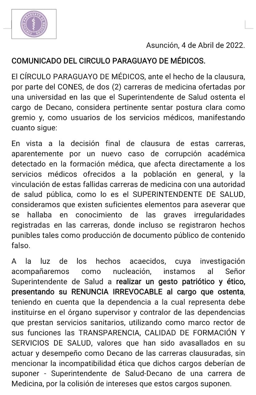 Comunicado del Círculo Paraguayo de Médicos.
