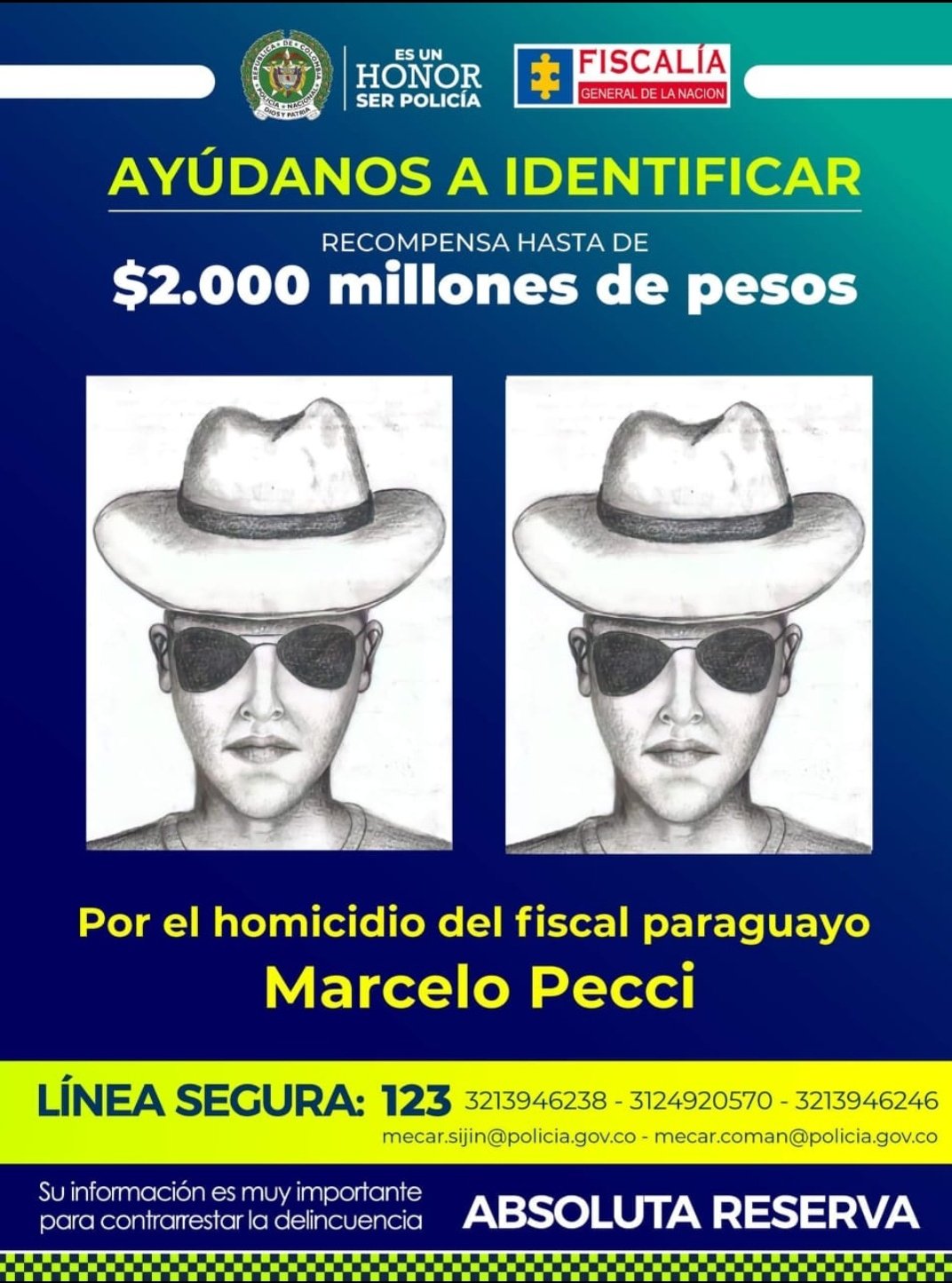 Recompensa por datos del presunto asesino de Marcelo Pecci, asciende a casi USD 500 mil. Foto: @directorpolicía