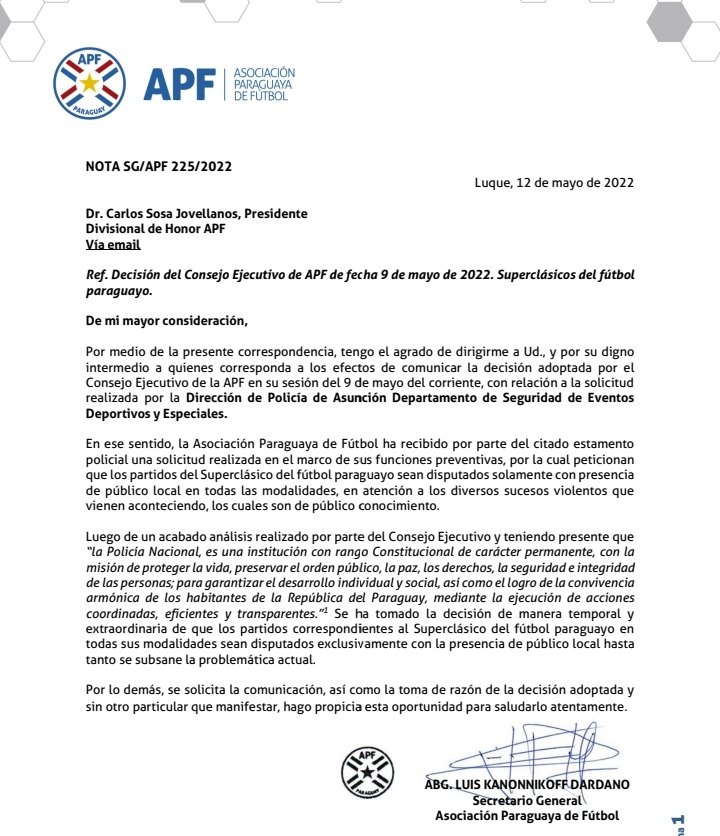 Resolución de la APF sobre superclásicos locales.