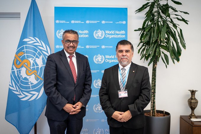El ministro de Salud, Julio Borba, se reunió con el director de la Organización Mundial de la Salud (OMS), Tedros Adhanom. Foto: Salud.