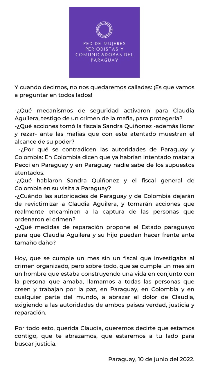 Carta abierta a Claudia Aguilera. Foto: Red de Mujeres Periodistas y Comunicadoras del Paraguay.