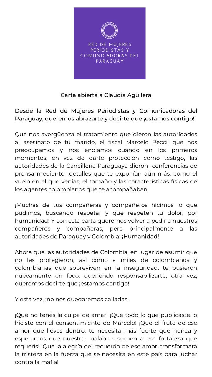 Carta abierta a Claudia Aguilera. Foto: Red de Mujeres Periodistas y Comunicadoras del Paraguay.Carta abierta a Claudia Aguilera. Foto: Red de Mujeres Periodistas y Comunicadoras del Paraguay.