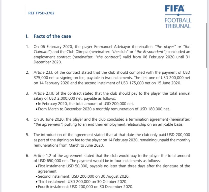 Resolución de la FIFA para Olimpia. Foto: captura de pantalla del documento.