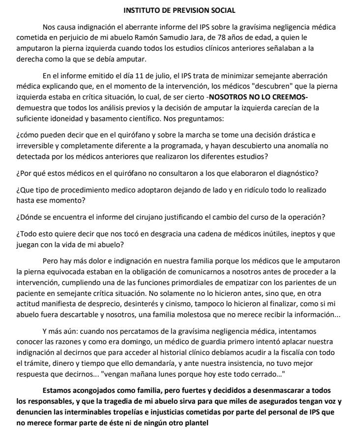 Comunicado de la familia Samudio sobre la cirugía a don Ramón Samudio en el IPS.